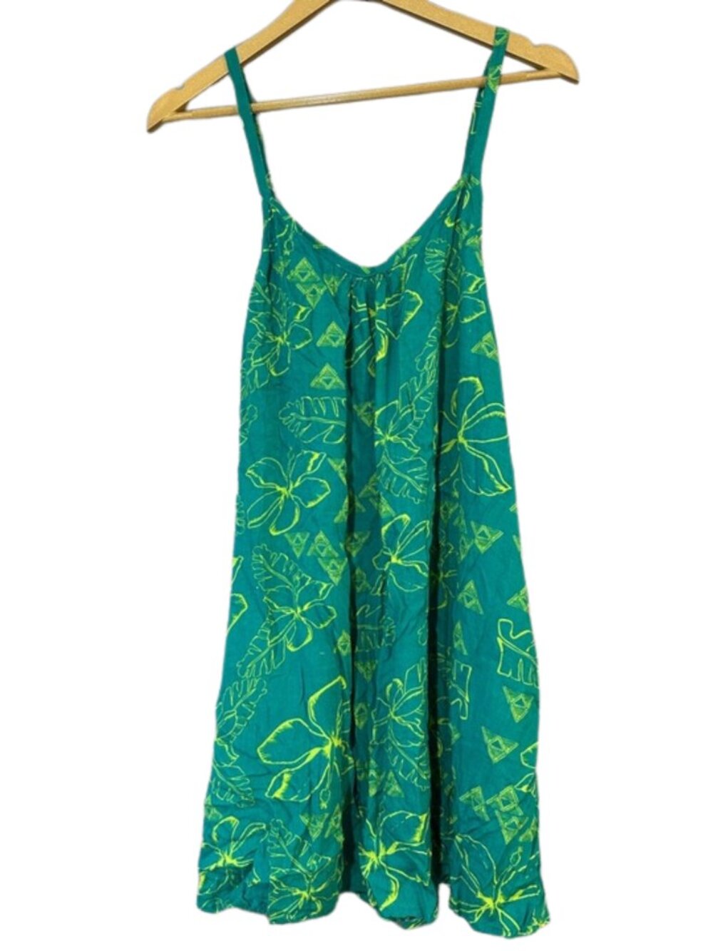 Hula Bay Green Tropical Floral Mini Dress Spaghetti Strap Flowy Sundress Summer